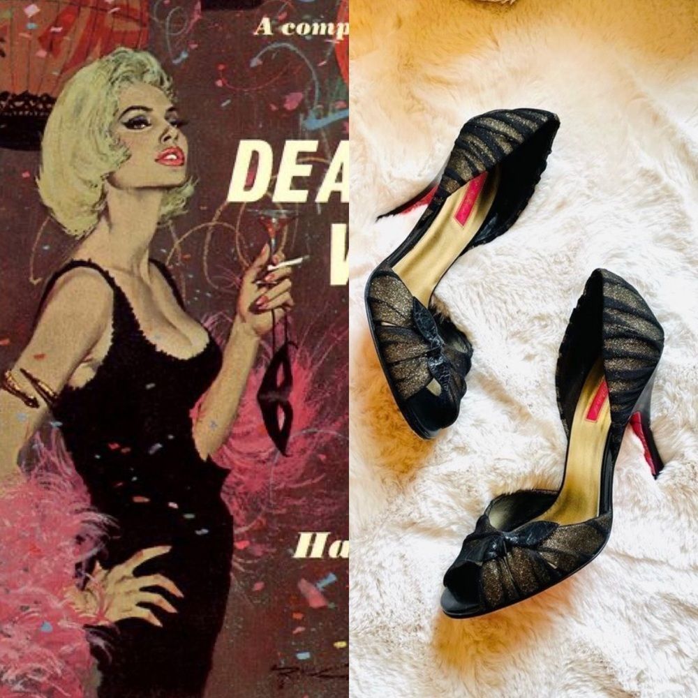 Betsey Johnson Gold & Black Glitter Tulle Heels 9 1/2m